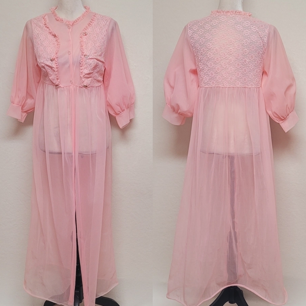 Vintage 50s Cotton Candy Pink Sheer Lace Chiffon Puff Sleeve Peignoir Robe M